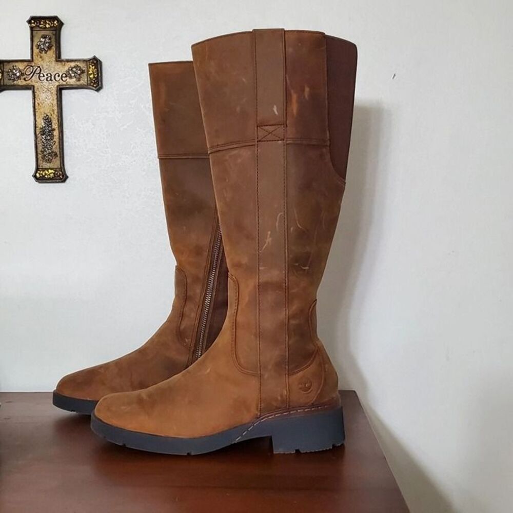 Timberland Graceyn Womens 7.5 Waterproof Tall Boot Side Zip Leather Distressed